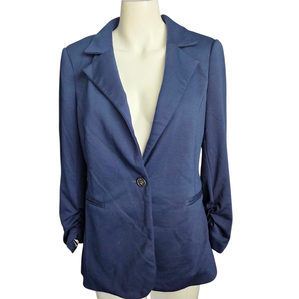 41 Hawthorne Women's Blue Blazer Ruched Sleeves Sz XL Career Fits Like A Medium